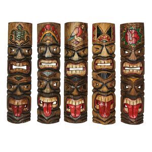 Set of 5 Hand-Carved Wood Double Tiki Mask Totem Wall Hangings 24 Inches High